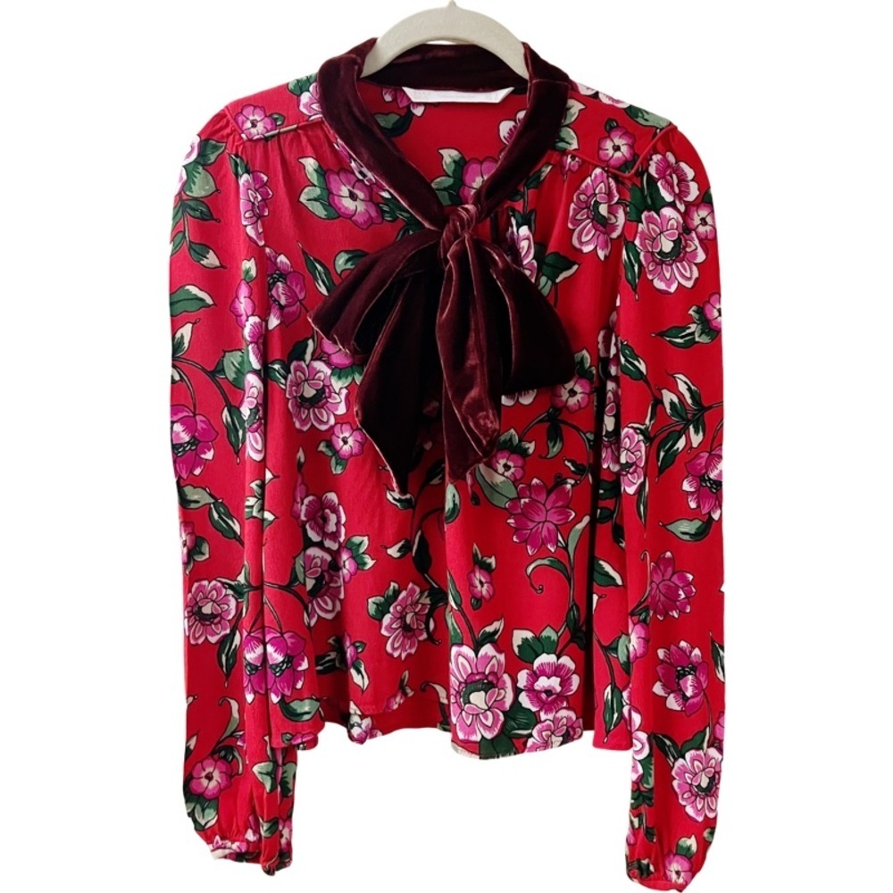ZARA TRAFALUC Floral Velvet Neck Tie Bow Blouse Romanticcore Whimsigoth SMALL